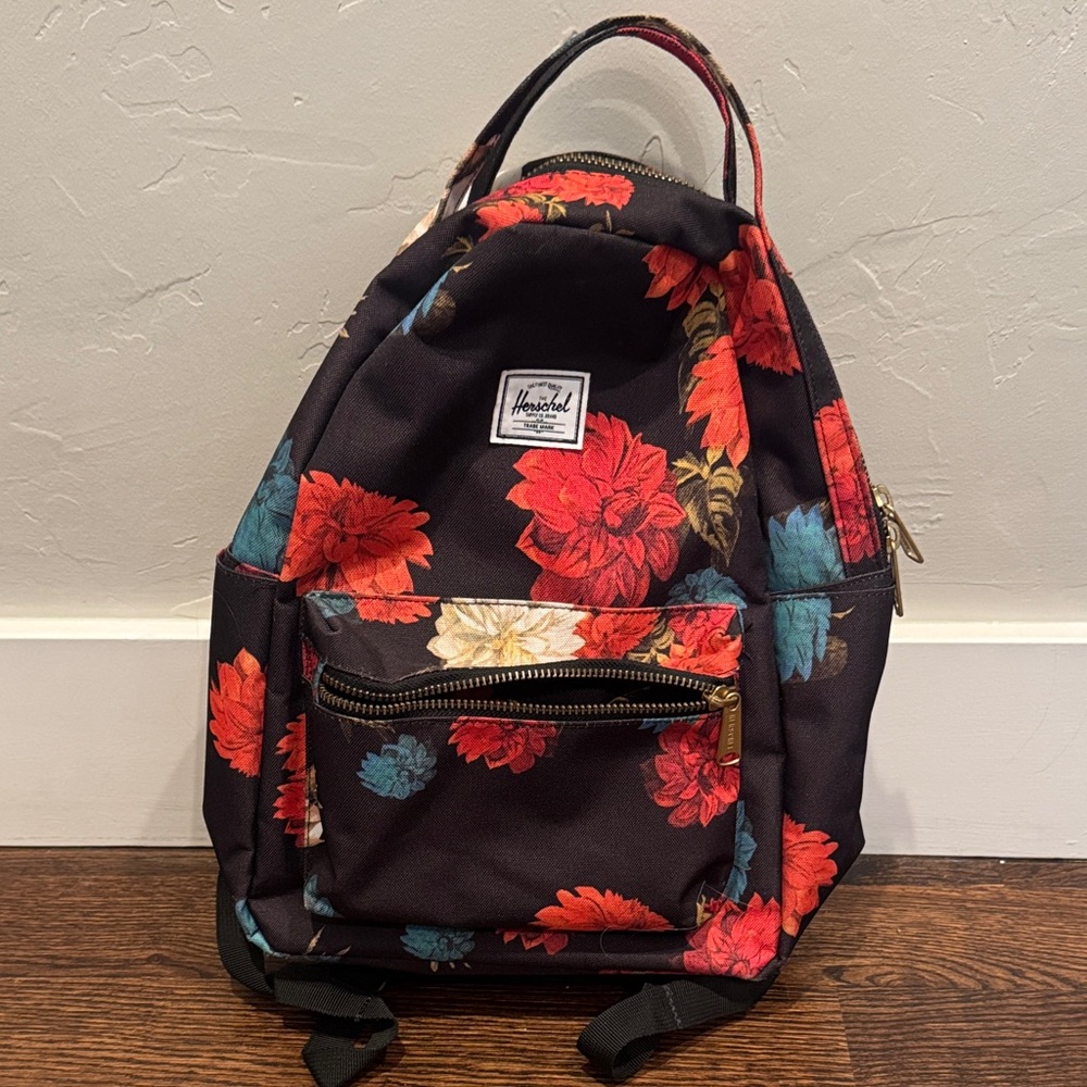 Herschel Supply Company Black Backpack with Red, Teal & Cream Floral Print